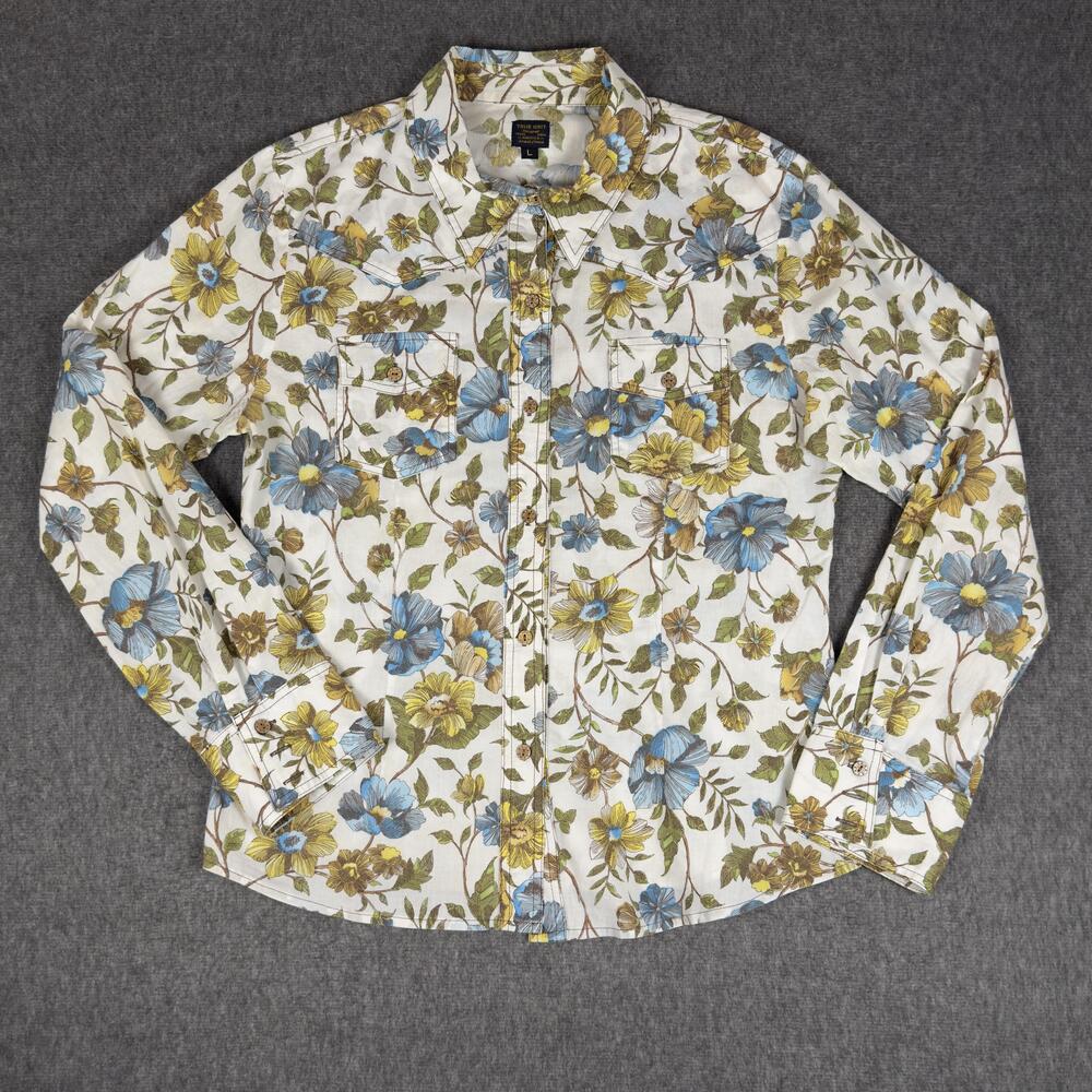 True Grit Shirt Womens Large Multicolor Floral 100% Cotton Made USA Button-Up